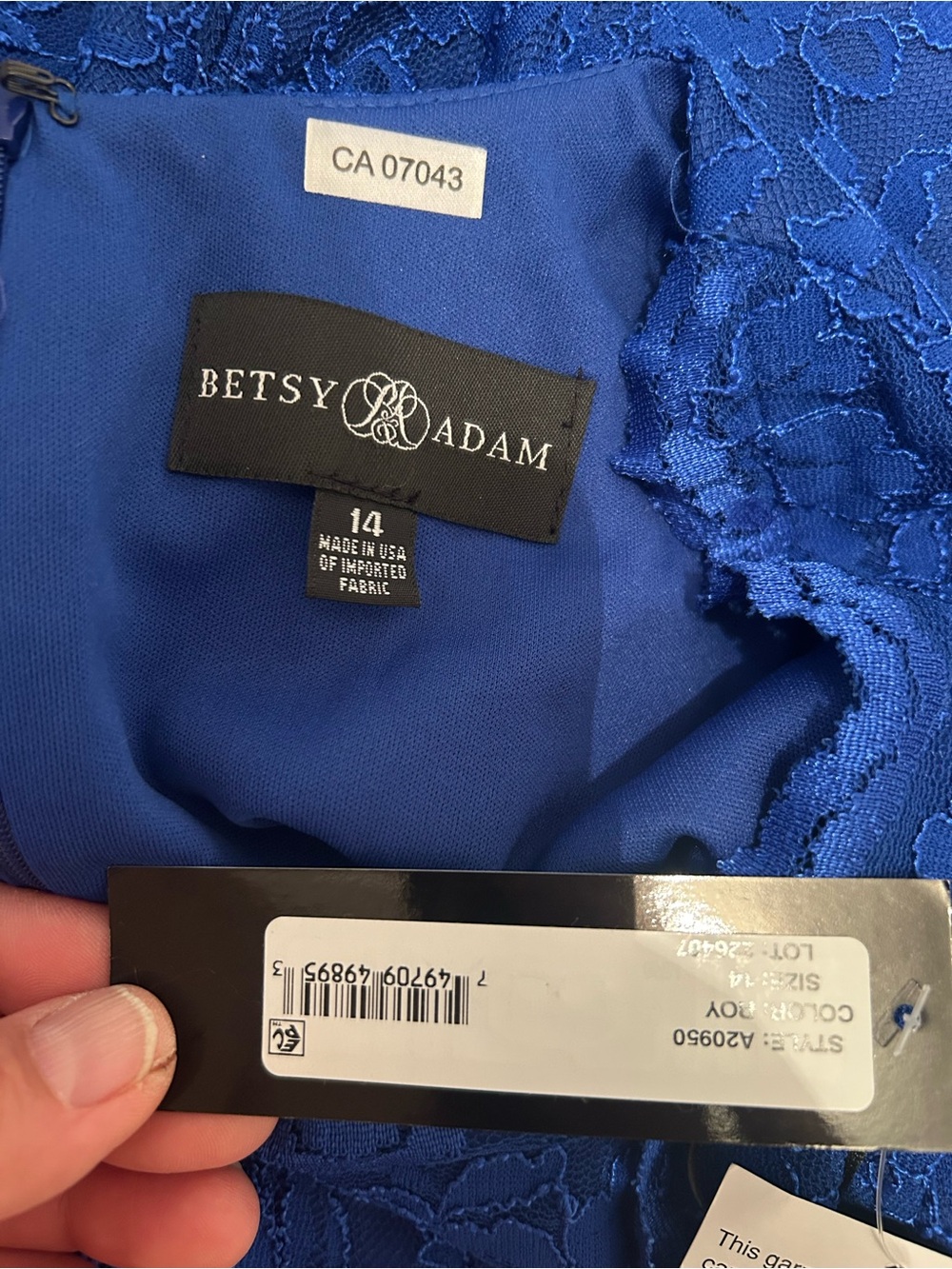 Betsy & Adam Cobalt Blue Lace Maxi Dress with Satin Waist Tie
